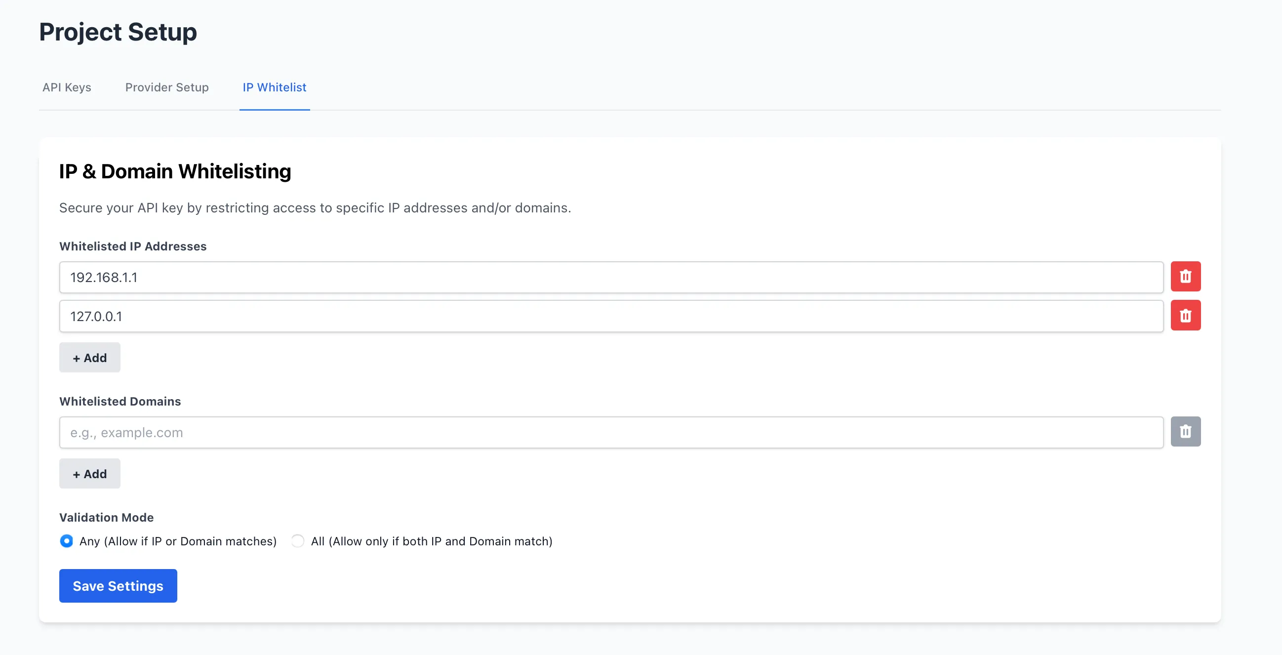 IP Whitelisting Settings