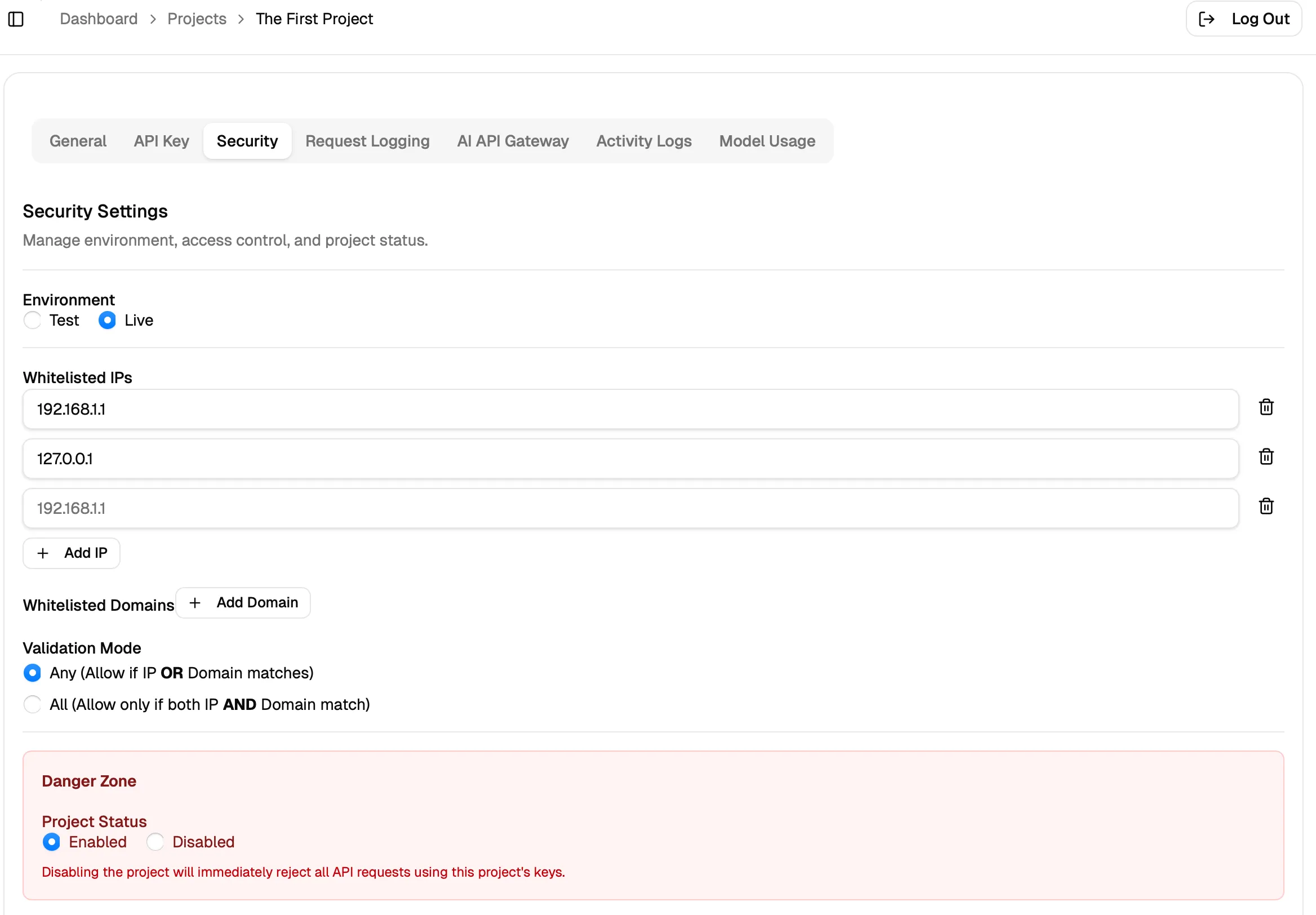 Project Security Settings
